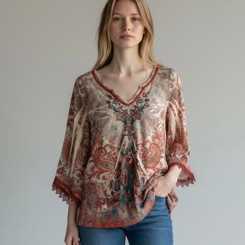Unity World Wear multi-coloured paisley print blouse with 3/4 sleeves